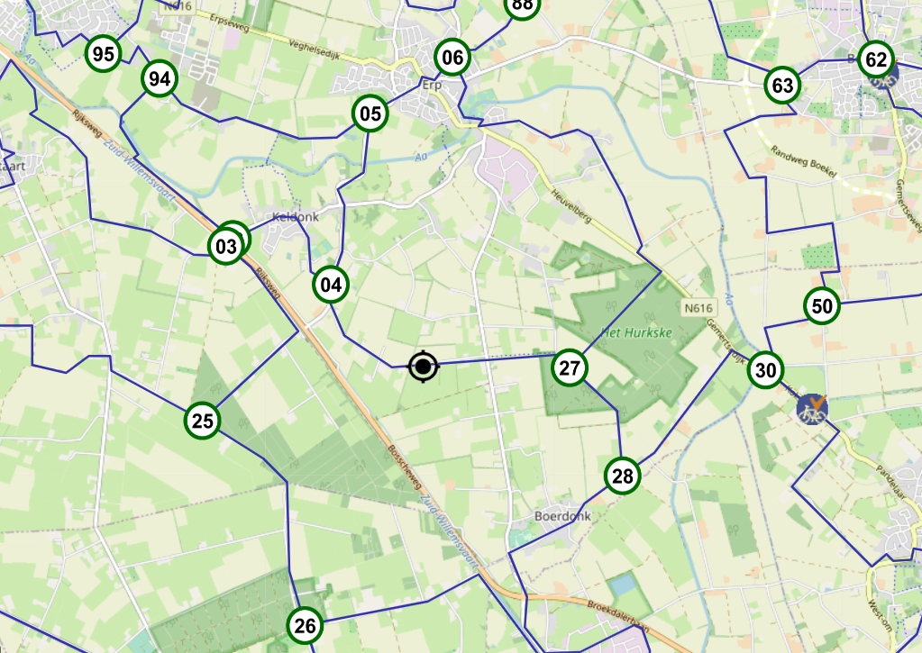 Routekaartje bereikbaarheid per fiets naar B&B In de Wei vanuit Erp, Gemert en Veghel